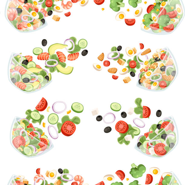 бесшовный узор овощного салата с различными ингредиентами. салат падает в прозрачную миску. свежие овощи мультфильм значок дизайн пищи. пл� - white background green pattern tomato stock illustrations