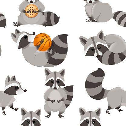 Seamless pattern of cute cartoon raccoon. Funny raccoons collection. Emotion little raccoon. Cartoon animal character design. Flat vector illustration on white background.