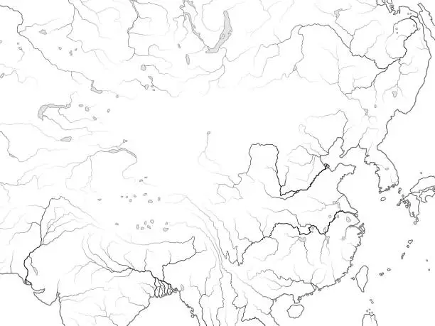 Vector illustration of World Map of CHINA: Far East, The Celestial Empire, China, Tibet, Dzungaria, Mongolia, Korea, Manchuria, Siberia, Yakutia, Buryatia, Taiwan, South seas. Geographic chart with coastline and rivers.