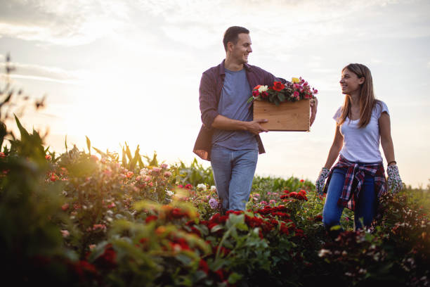 istock Man carrying flower box while talking to his girlfriend 1162599724