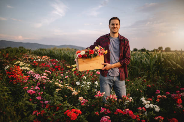 istock Confident young man holding a box of flowers 1162599726