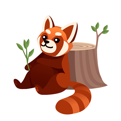 Cute adorable red panda sitting back to stump and resting after eating cartoon design animal character flat vector style illustration on white background.