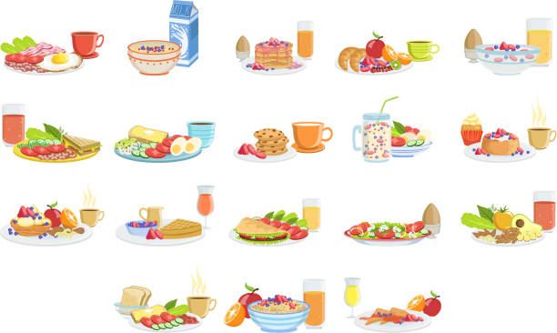 illustrations, cliparts, dessins animés et icônes de différents ensembles de nourriture et de boissons pour le petit déjeuner. collection des illustrations de plaques de menu de matin dans la simplicité détaillée - omelet bacon tomato fruit