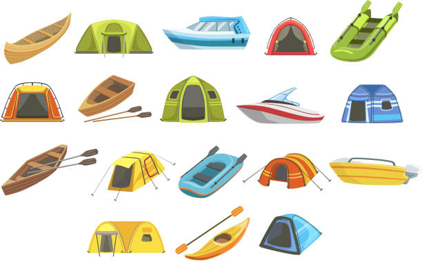 bunte tarpaulin zelte set von einfachen kindlichen flachen illustrationen isoliert - pedal boat stock-grafiken, -clipart, -cartoons und -symbole