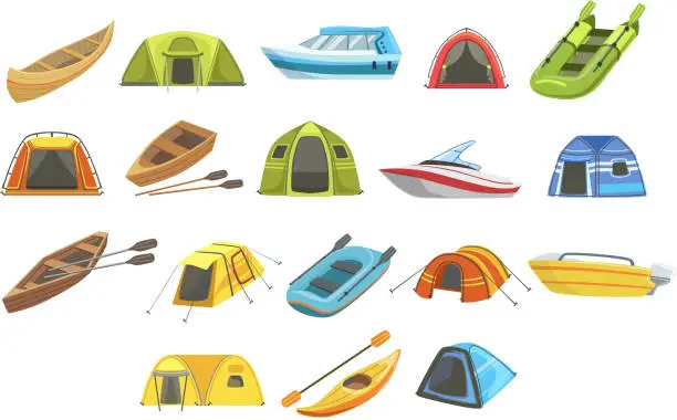 Vector illustration of Colorful Tarpaulin Tents Set Of Simple Childish Flat Illustrations Isolated