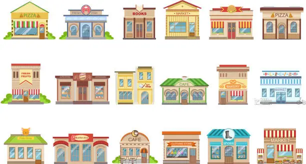 Vector illustration of Commercial Buildings Exterior Design Set Of Stickers