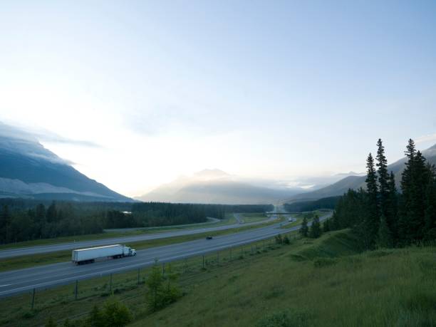 Elevated view of Trans-Canada Highway in the Rocky Mountains