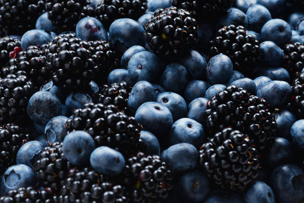 istock Blackberry and  blueberry background. Top view. 1162607280