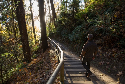 El hombre camina por los escalones a través del bosque y hacia la luz del sol photo