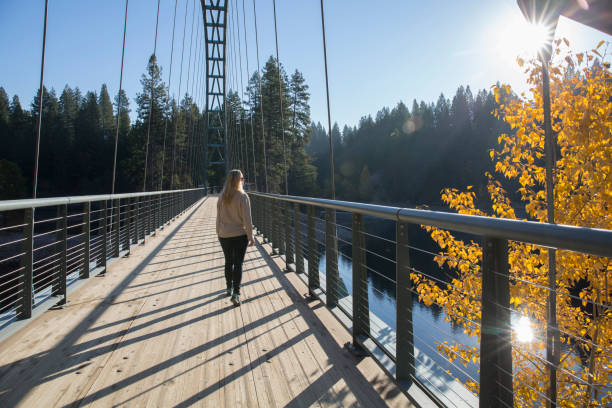 mujer cruza un puente sobre un lago en otoño - puente peatonal fotografías e imágenes de stock