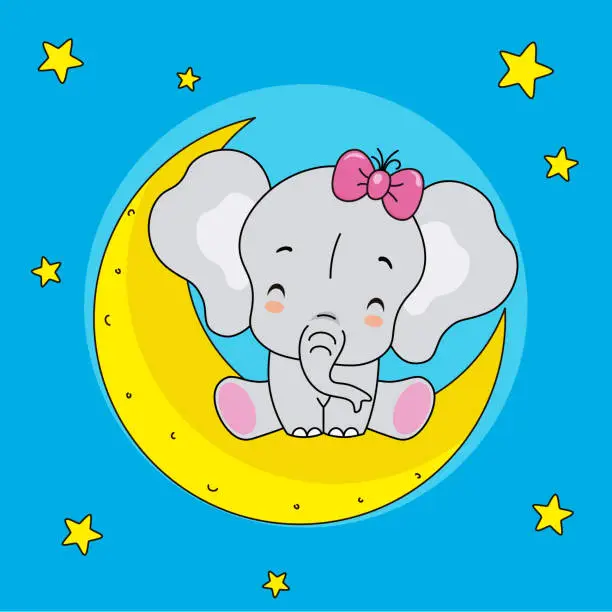 Vector illustration of cute elephant sitting on the moon