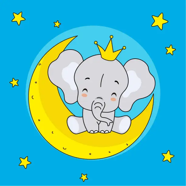 Vector illustration of Elephant with crown sitting on the moon