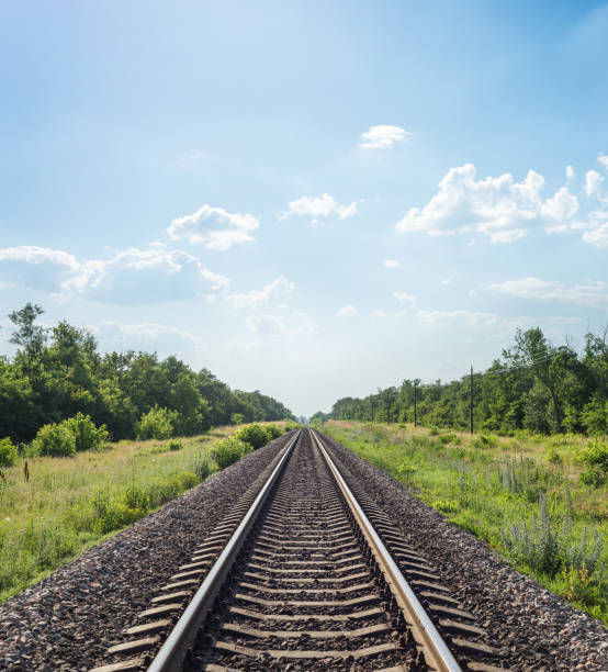 istock rail road to horizon in green landscape under blue sky with clouds 1162610942