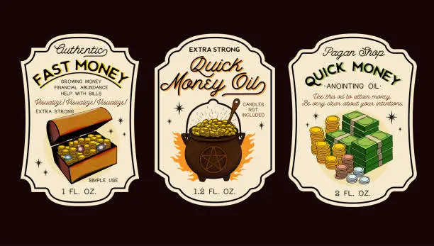 Vector illustration of Money Oil Bottle Labels Potion Labels. Vector Illustration.