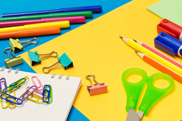 istock Stationery. School and office supplies on a colored background. Selective focus 1162620321