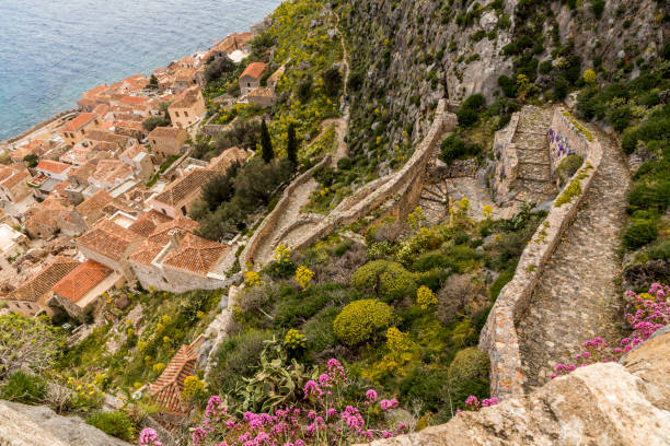 Monemvasia Old Town, Greece Monemvasia, Greece. Aerial view of the Old Town of Monemvasia from the top of the plateau monemvasia stock pictures, royalty-free photos & images