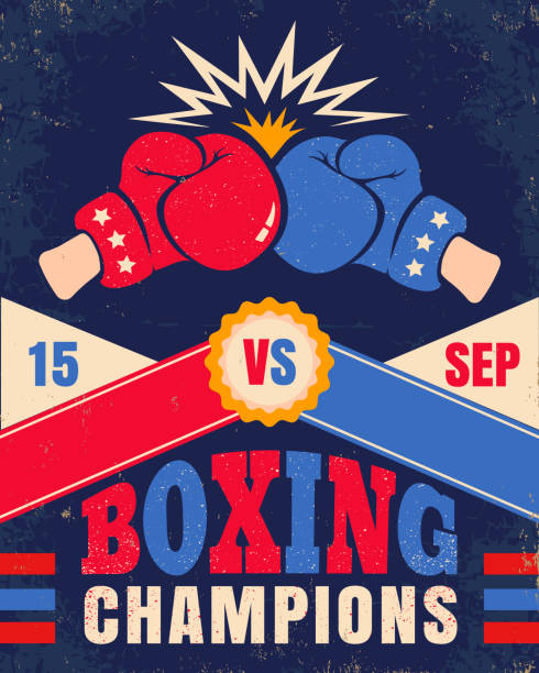 ilustraciones, imágenes clip art, dibujos animados e iconos de stock de cartel vectorial vintage para un boxeo con dos guantes - boxing ring combative sport fighting conflict