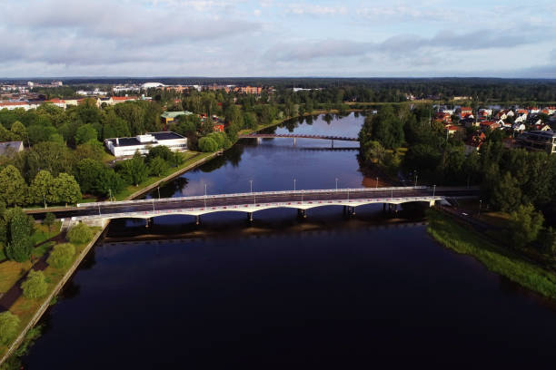 Karlstad, Sweden - July 13, 2019: Aerial view of the river Klaralven and the Tingvalla bridge.