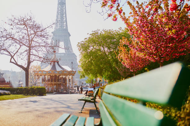 istock Scenic view of the Eiffel tower with cherry blossom 1162625587