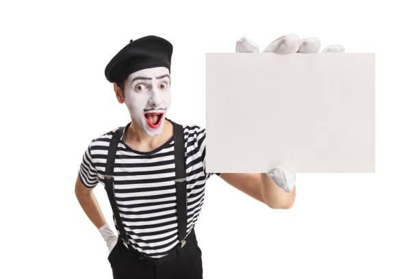 Mime with a blank card showing at the camera isolated on white background