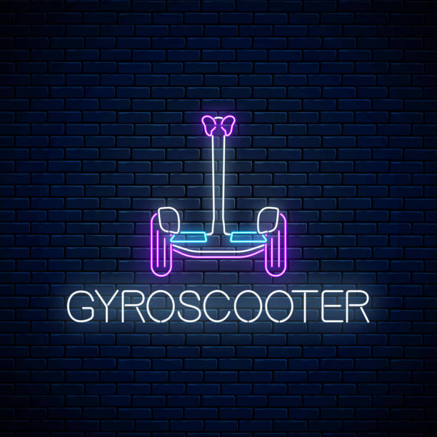 stockillustraties, clipart, cartoons en iconen met gloeiende neon teken van elektrische gyroscooter. vector illustratie. zelfbalancerende hoverboard-symbool - zelfbalancerend board