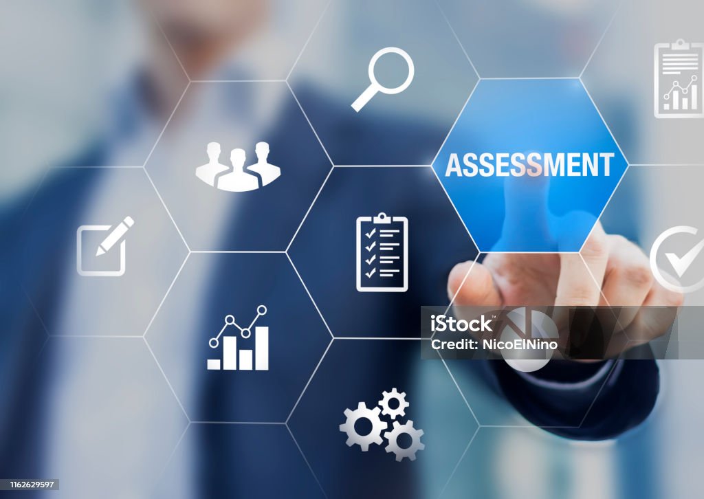 Assessment and analysis by professional auditing consultant concept, person touching screen with icons of risk evaluation, business analytics, quality compliance, process inspection, financial audit Rating Stock Photo