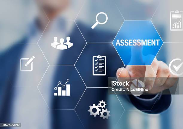 Assessment And Analysis By Professional Auditing Consultant Concept Person Touching Screen With Icons Of Risk Evaluation Business Analytics Quality Compliance Process Inspection Financial Audit Stock Photo - Download Image Now