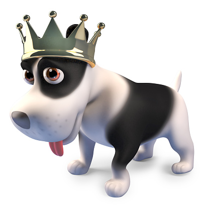 King puppy dog wearing his royal gold crown, 3d illustration render