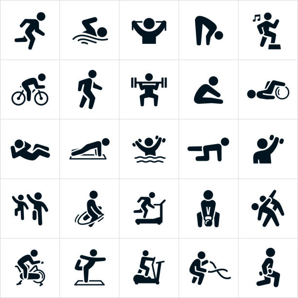 A set of different exercise activities to achieve or maintain physical fitness. The icons include a person running, swimming, stretching, cycling, walking, weight lifting, doing a sit-up, a pushup, water aerobics, step aerobics, strengthening, jump roping, running on a treadmill, lifting a kettle bell, riding an exercise bike, doing yoga, using an elliptical machine, using battling ropes and performing lunges to name a few.