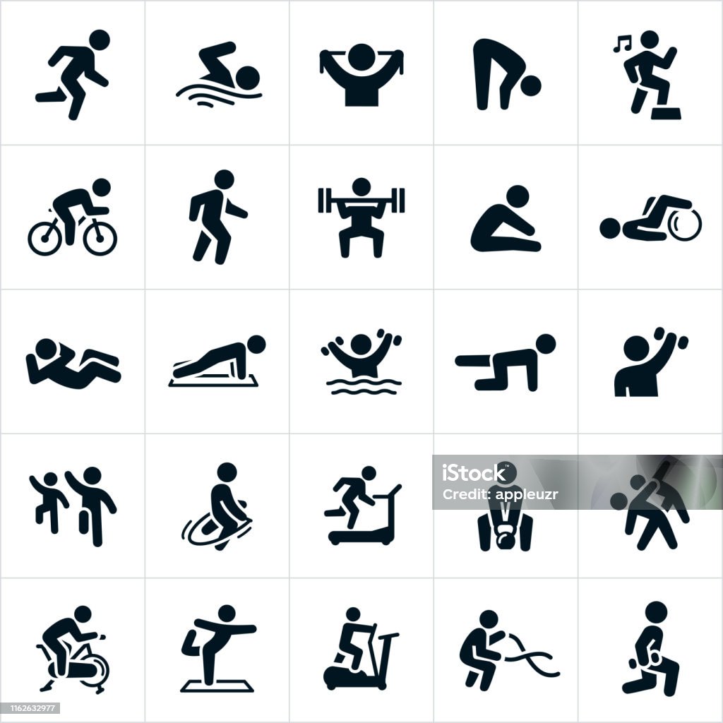 Fitness Activities Icons A set of different exercise activities to achieve or maintain physical fitness. The icons include a person running, swimming, stretching, cycling, walking, weight lifting, doing a sit-up, a pushup, water aerobics, step aerobics, strengthening, jump roping, running on a treadmill, lifting a kettle bell, riding an exercise bike, doing yoga, using an elliptical machine, using battling ropes and performing lunges to name a few. Icon stock vector