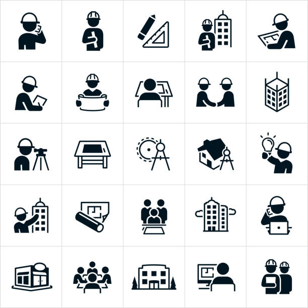 Architect Icons A set of architect and architectural related icons. The icons include different work situations involving architects, an architect working at a computer, talking on a phone, wearing a hard hat, holding a blueprint, reviewing a blueprint, working at a drafting table, shaking hands and siting in a group meeting. The set also includes drawing items, drafting table, drawing compass, blueprint, buildings, bridge and other related icons. blueprint icons stock illustrations