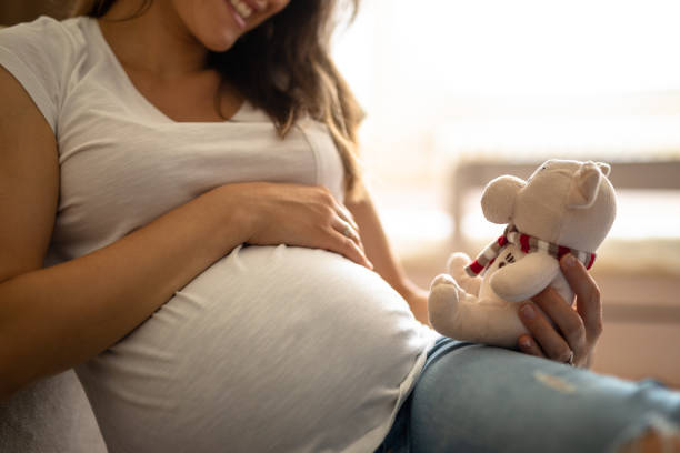 mujer embarazada sosteniendo oso de peluche - baby shower women home interior indoors fotografías e imágenes de stock