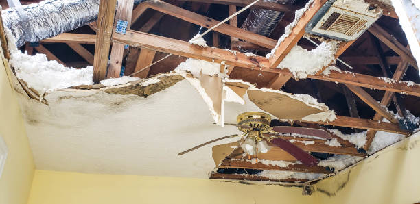istock The damaged ceiling with wooden frames 1162637688