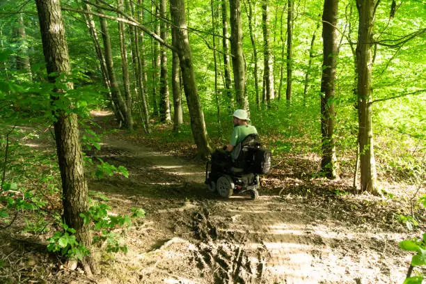 Photo of a man on an electric wheel riding off-road in the forest