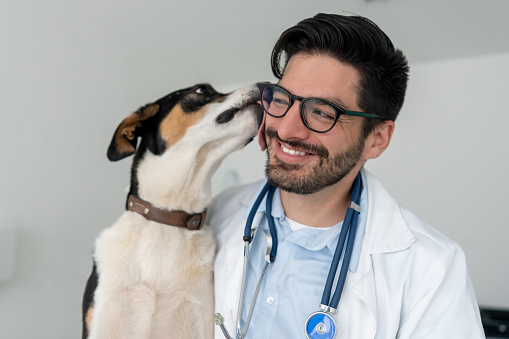 Portrait of a very happy veterinarian getting a kiss from a dog and smiling â animal care concepts