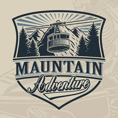 Vintage vector design of a ski lift with mountains on light background.