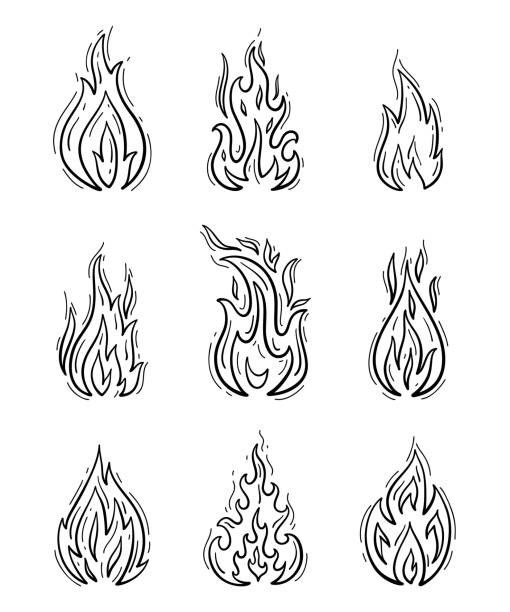Fire Flames Icons Vector Set. Hand Drawn Doodle Sketch Fire Flame Tattoo Black and White Drawing. Fire Flames Icons Vector Set. Hand Drawn Doodle Sketch Fire Flame Tattoo Black and White Drawing. flame patterns stock illustrations
