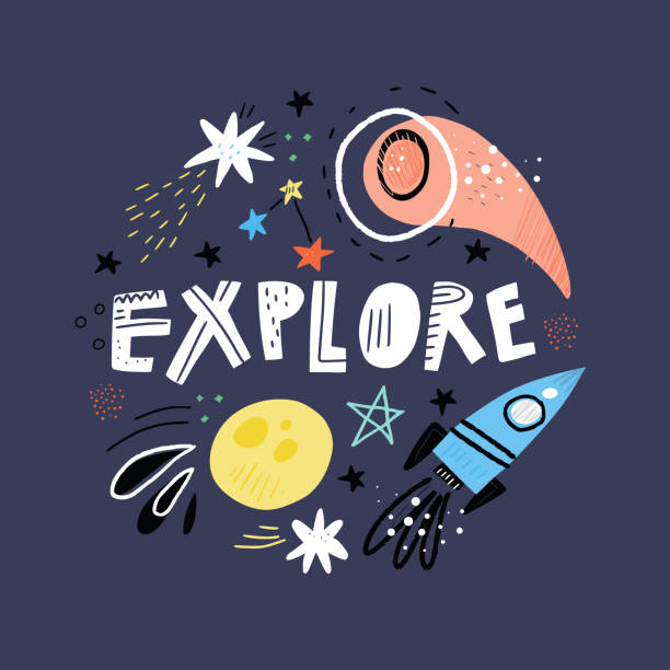 Explore cartoon vector typography Explore cartoon vector typography. Handwritten lettering on darkblue background. Decorative framing with space elements. Meteorite, stars, moon. T shirt, poster typography design rocketship patterns stock illustrations
