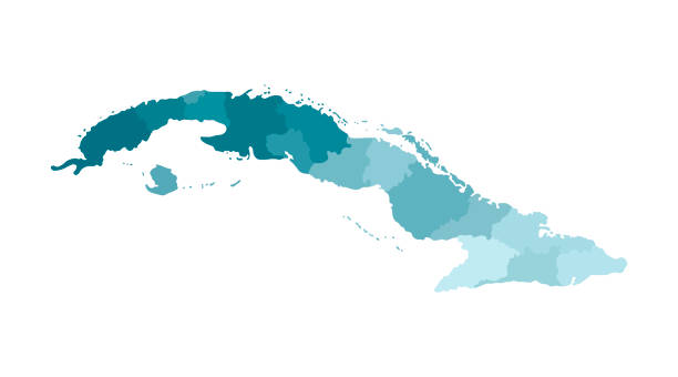 ilustraciones, imágenes clip art, dibujos animados e iconos de stock de ilustración aislada vectorial del mapa administrativo simplificado de cuba. fronteras de las provincias (regiones). siluetas de colores azules caqui - guantanamo bay
