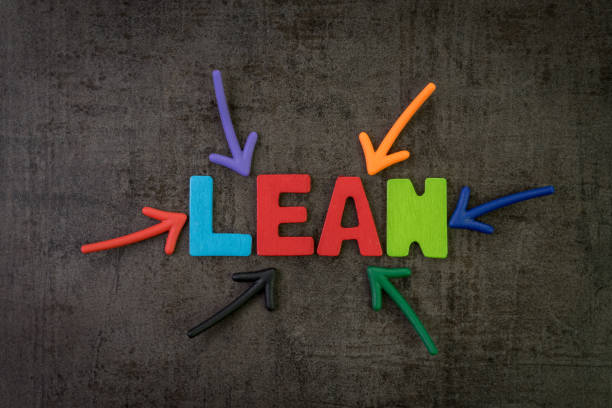 istock Lean management for agile software development concept, multi color arrows pointing to the word Lean at the center of black cement chalkboard wall, allows a team to make changes quickly 1162649791