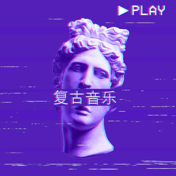 Apollo's plaster head on a purple background. Retro glitch art.