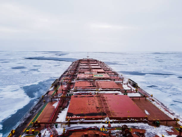 istock Transportation ship on sea in winter season 1162651833