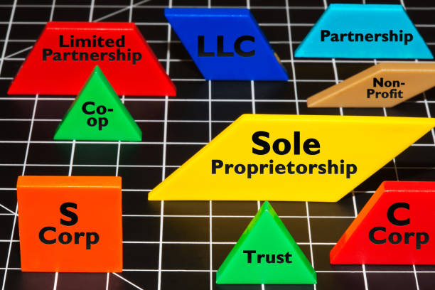 Common business entities and ventures as simple colorful shapes, LLC, Partnerships, S corp, trust, non-profit, sole proprietorship. stock photo