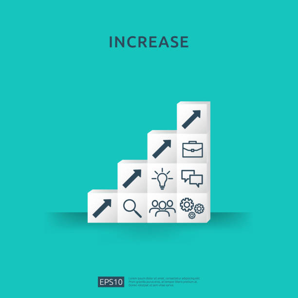 istock Growth business increase concept with stacking block. step stair ladder with arrow up vector illustration for success process, rise income salary rate, finance performance of return on investment ROI. 1162662116
