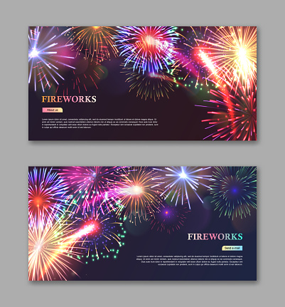 Country independence day celebration horizontal flyers with bursting fireworks. Festive template with free copyspace. Realistic fireworks flashes against vector illustration. Holiday festival show