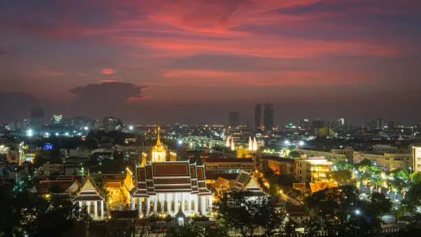 bangkok view from golden temple at sunset over the traffic city with colorfulsky, thailand