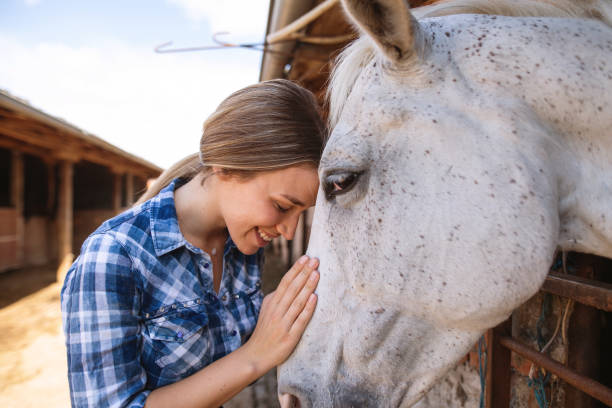 istock Girl resting her head on a beautiful white stallion 1162676043