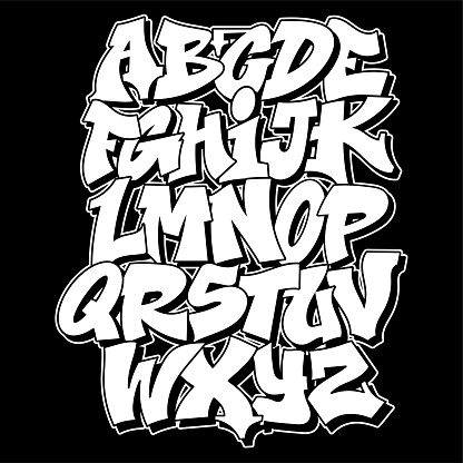 Old school Graffiti alphabet decorative lettering vandal street art free wild style on the wall city urban illegal action by using aerosol spray paint. Underground hip hop type vector illustration.