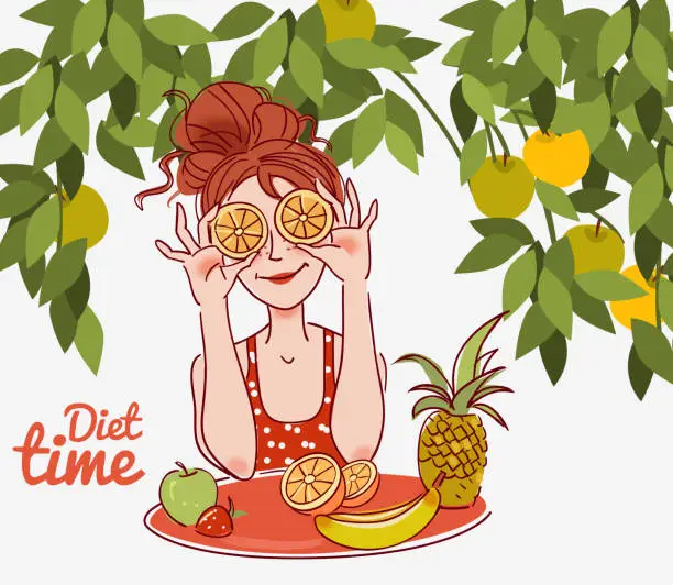 Vector illustration of Young, cute woman holding orange slices in front of eyes stock