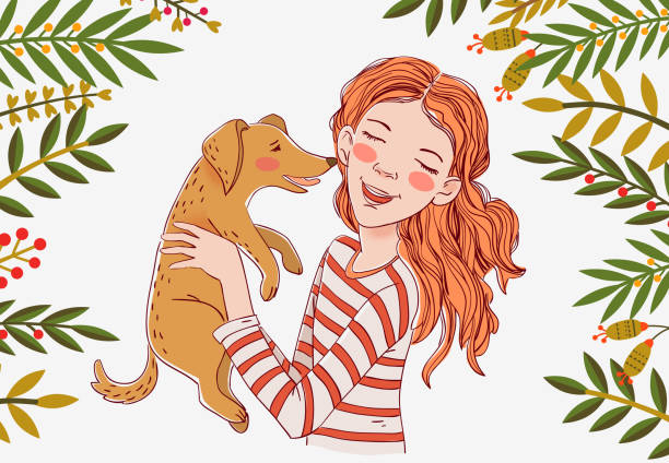 面白い犬とかわいい女の子。小さなペットを持つ美しい子供の肖像画 - pets stroking licking love点のイラスト素材／クリップアート素材／マンガ素材／アイコン素材